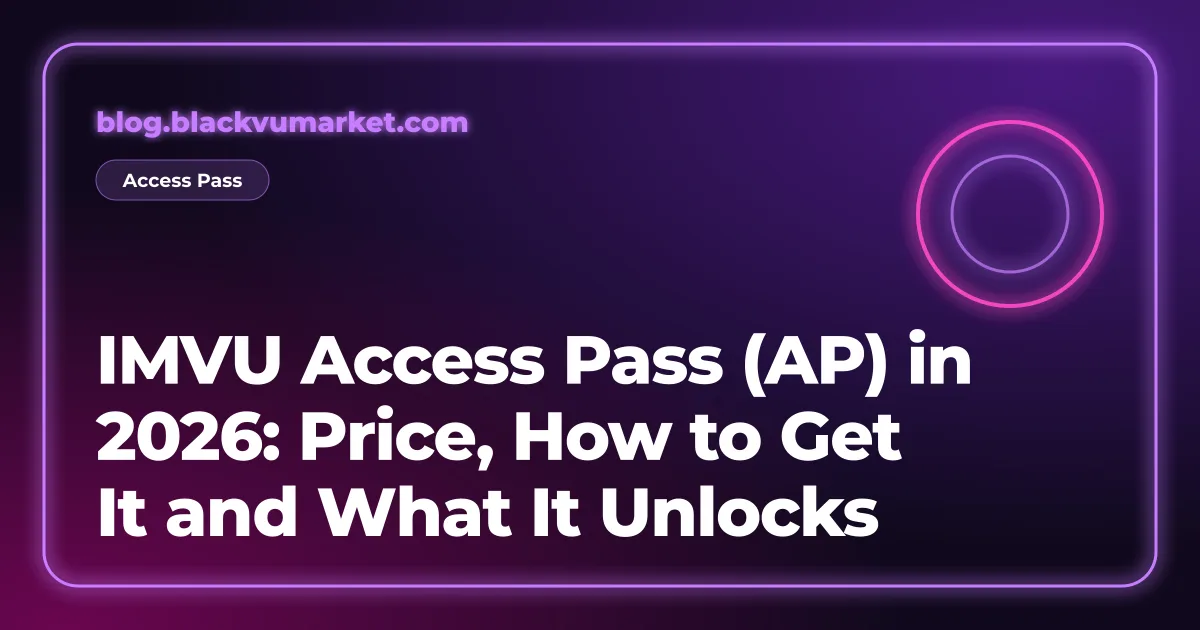 Neon violet cover reading: IMVU Access Pass price and how to get it