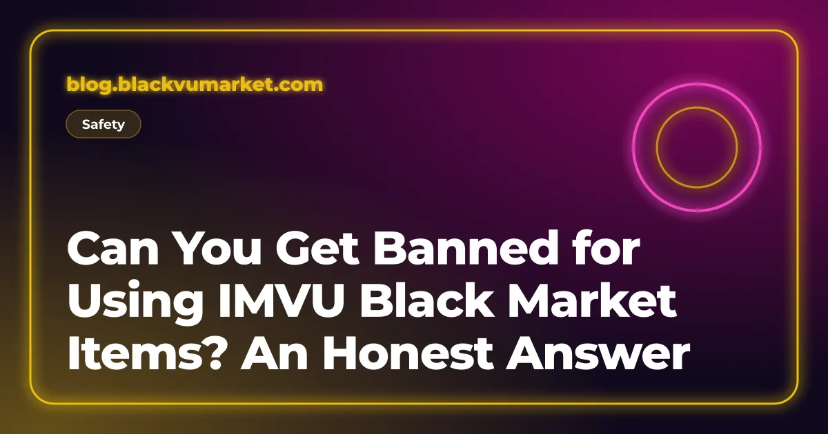 Neon gold and pink cover reading: Can you get banned for IMVU Black Market items?